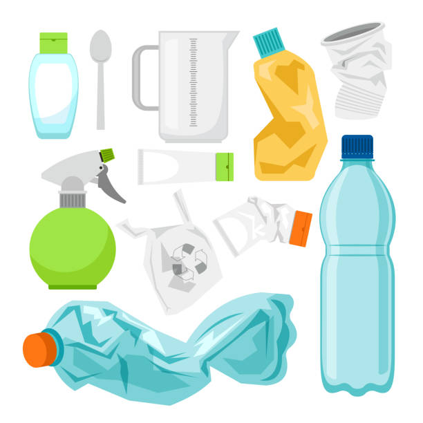 ilustrações de stock, clip art, desenhos animados e ícones de plastic waste collection on white. plastic bottles and another garbage, non-recyclable trash - non polluting