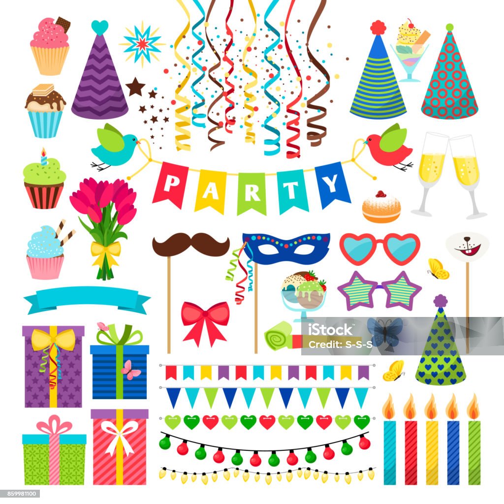 Birthday party design elements. Birthday celebration invitation decorations isolated on white Birthday party design elements. Birthday celebration invitation vector decorations isolated on white, like garlands and masks, hats and candles Party - Social Event stock vector