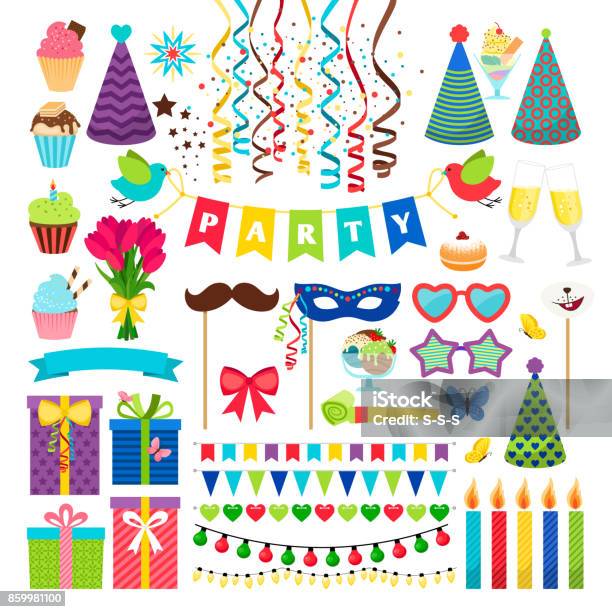 Birthday Party Design Elements Birthday Celebration Invitation Decorations Isolated On White Stock Illustration - Download Image Now