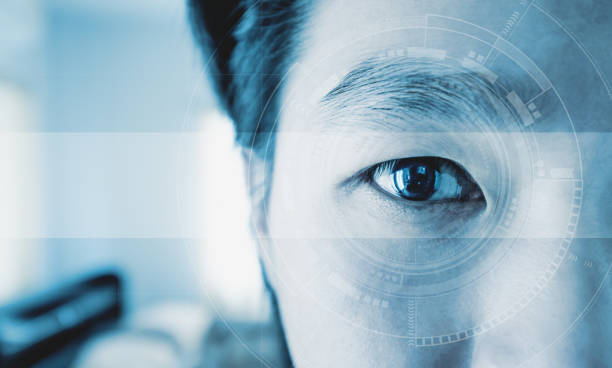 istock Close-up Asian businessman eye , with futuristic technology visual effect 859990704