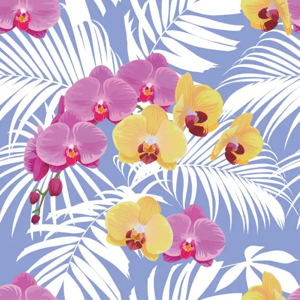 Vector illustration of Tropical seamless pattern of vanda orchid flowers with leaf on blue background.