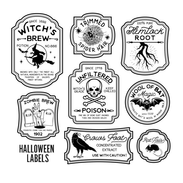 ilustrações de stock, clip art, desenhos animados e ícones de halloween bottle labels - animal skull skull halloween backgrounds