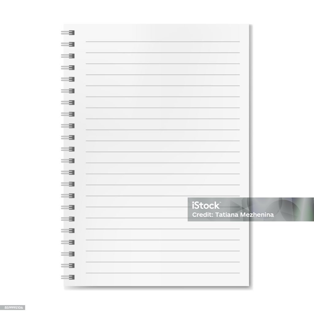 Blank realistic vector lined notebook with shadow Blank realistic vector horizontal lined notebook with shadow. Copybook with blank opened ruled page on metallic spiral, dairy or organizer mockup for your text Lined Paper stock vector
