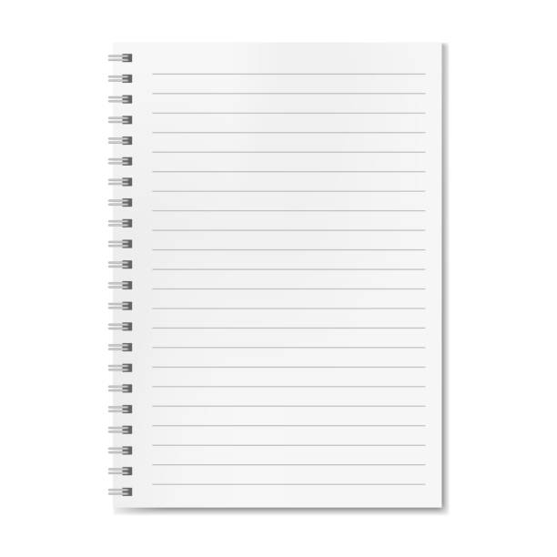Blank realistic vector lined notebook with shadow Blank realistic vector horizontal lined notebook with shadow. Copybook with blank opened ruled page on metallic spiral, dairy or organizer mockup for your text ruled paper stock illustrations