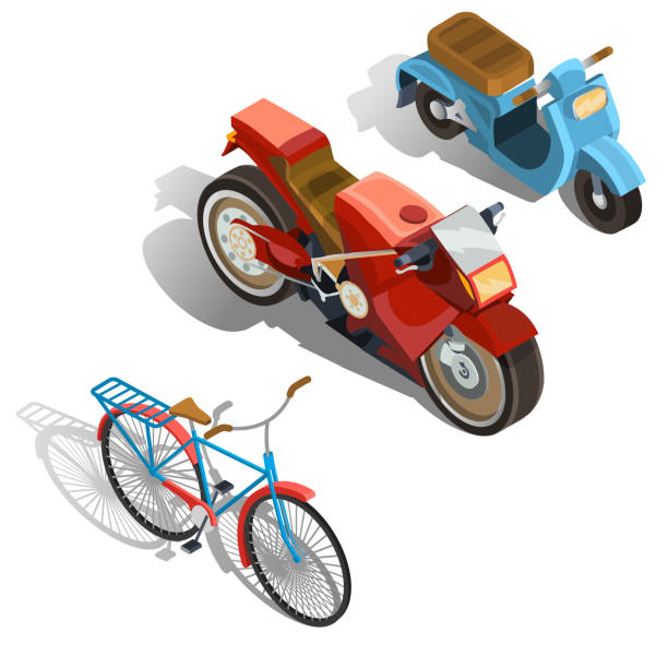 Two-wheeled transport isometric vector set Set of old-fashioned and modern two-wheeled transport isometric projection vector illustration isolated on white background. Vintage scooter, powerful sport bike, retro bicycle design element or icon red white blue bike stock illustrations