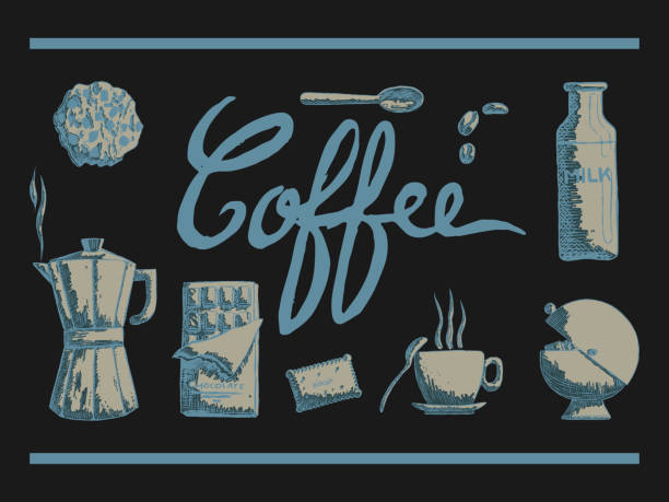 word coffe with hand drawn ustensils for coffee time vector art illustration