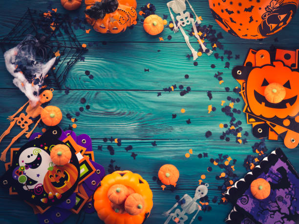 istock Halloween party decorations frame on dark green 860003044
