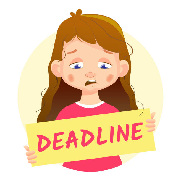 Redhead child with an inscription Deadline banner. Sad girl holding poster - Deadline. Vector Illustration help wanted poster drawings stock illustrations