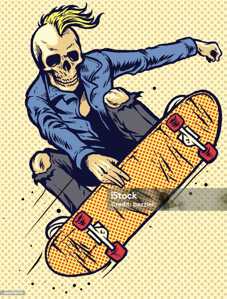 cráneo de estilo dibujo mano jugar Skate - arte vectorial de Monopatín - Actividades recreativas libre de derechos