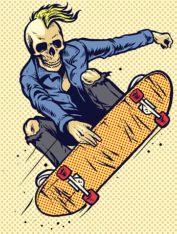 vector of hand drawing style skull play skateboarding