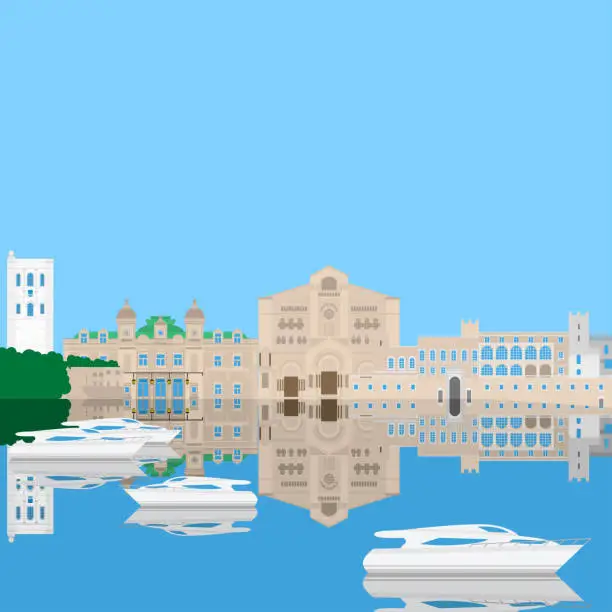 Vector illustration of Flat building of Monaco country, travel icon landmarks in Monte Carlo. City architecture. World travel vacation sightseeing European collection.