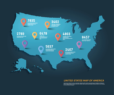 Vector map of United States of America with infographic elements.