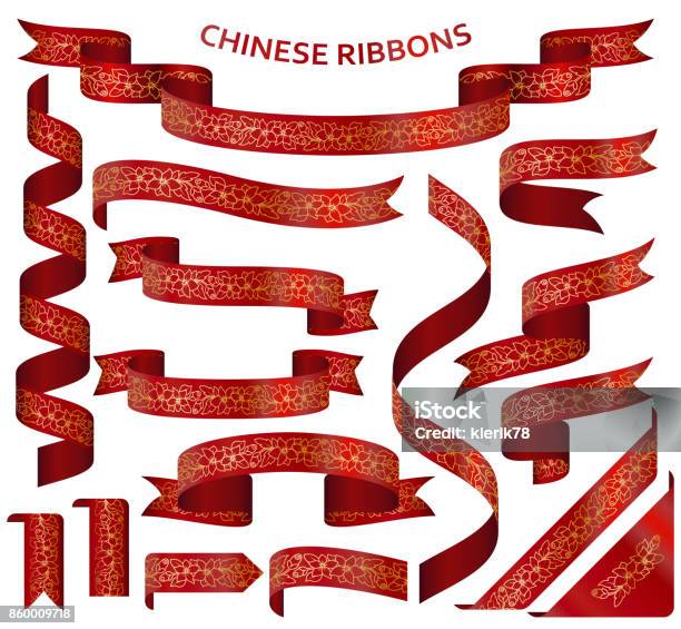 Chinese General Ribbons Realistic Red Ribbons With Golden Chinese Ornament Stock Illustration ...