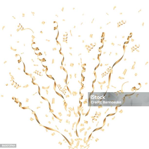 Exploding Golden Confetti And Streamer On White Background Stock Illustration - Download Image Now