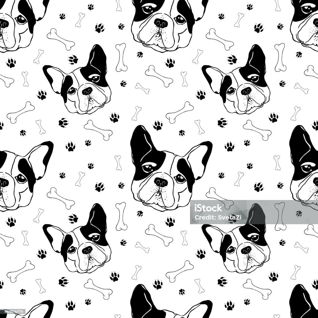dog pattern Vector seamless pattern of French bulldog muzzles, bones and dog footprints. Black and white background with symbol new 2018 year in the Chinese calendar. 2018 stock vector