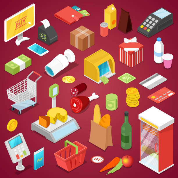 супермаркет покупки изометрический 3d набор - meat sales clerk customer retail stock illustrations