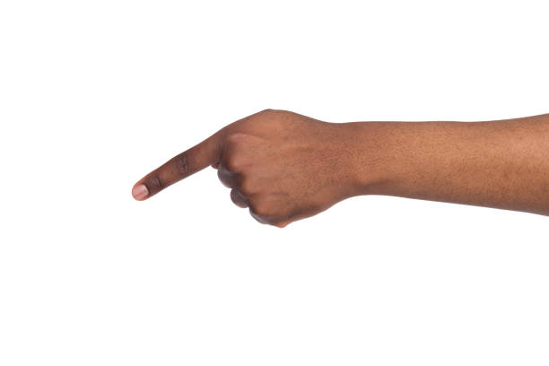 istock Palm of black man index finger shows forward and down on isolated white background 860017528