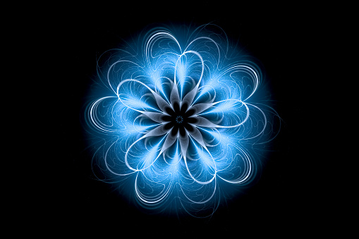 Blue glowing magical mandala flower insolated on black, computer generated abstract background, 3D rendering