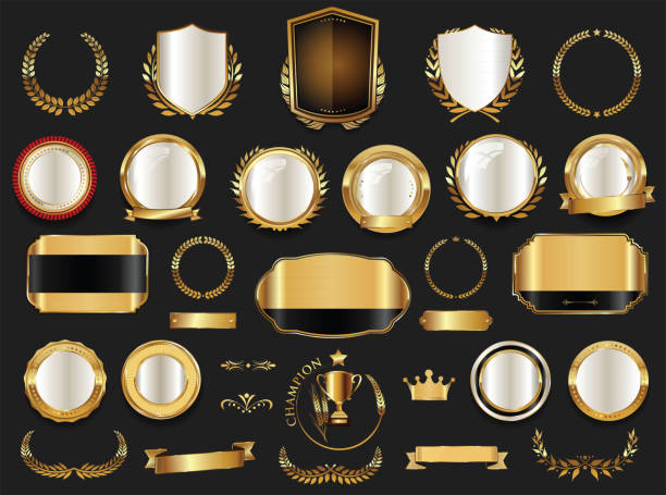 ilustrações de stock, clip art, desenhos animados e ícones de gold and silver shields laurel wreaths and badges collection - gold circle medallion insignia