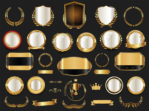 Gold and silver shields laurel wreaths and badges collection