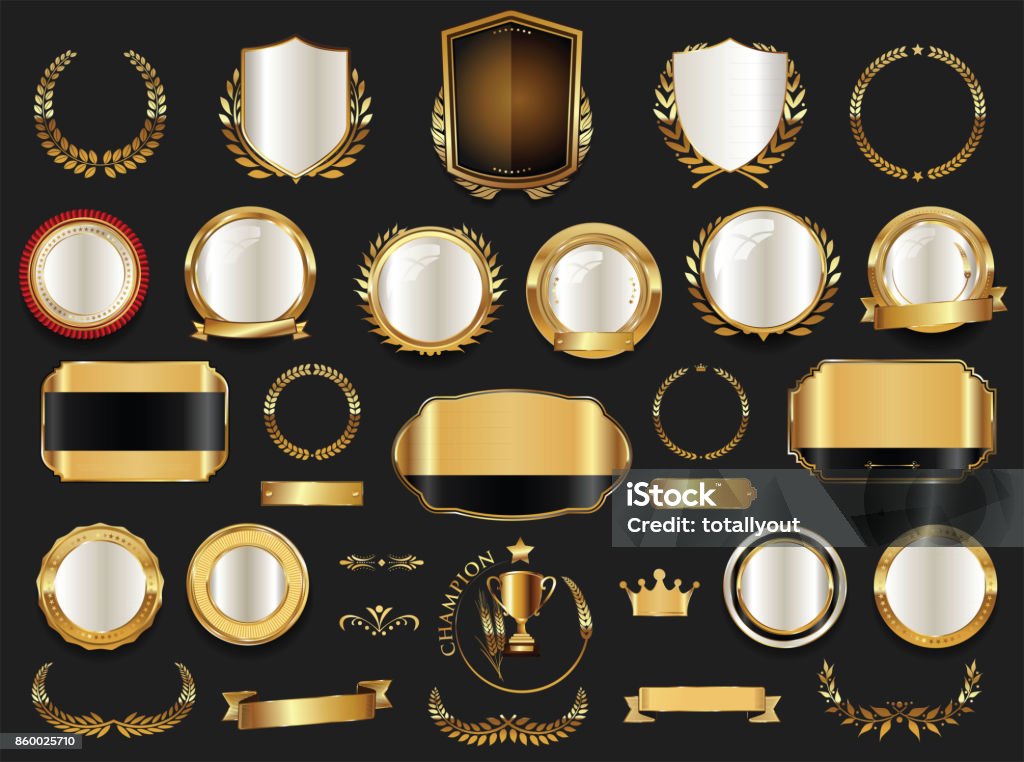 Gold and silver shields laurel wreaths and badges collection Gold - Metal stock vector