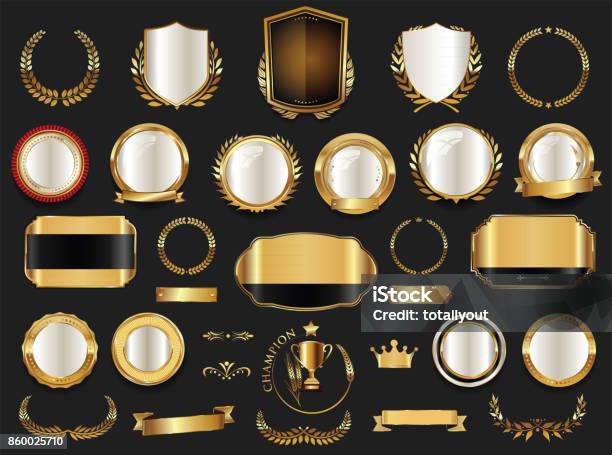 Gold And Silver Shields Laurel Wreaths And Badges Collection Stock Illustration - Download Image Now