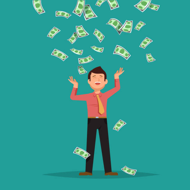 Design concept money rain flat style Vector illustration of happy businessman celebrates success standing under money rain banknotes cash falling on blue background. Concept of success, achievement, wealth flat style pennies from heaven stock illustrations