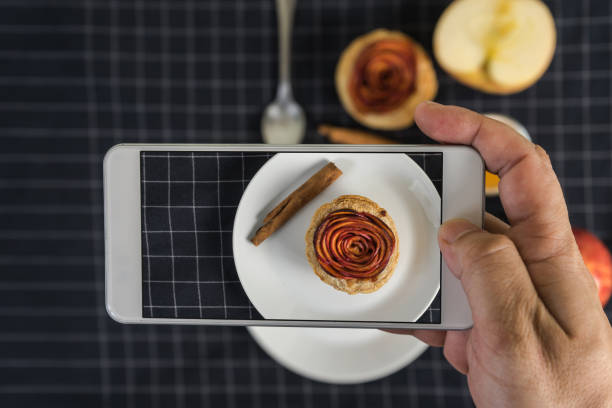 istock hand holding smartphone take a photo pie apple rose form 860044410