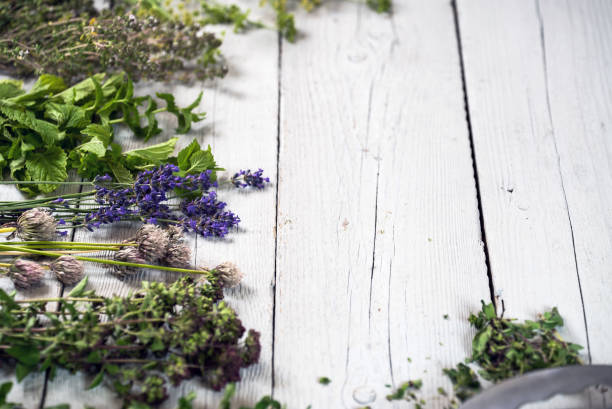 istock fresh kitchen herbs and spices on wooden table. Top view 860048190