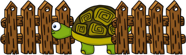 Turtle going out of fence Scalable vectorial image representing a turtle going out of fence, isolated on white. rail fence stock illustrations