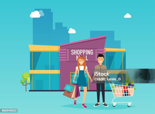 Boy And Girl Do Shopping Shopping Mall Building Exterior Flat Design Style Modern Vector Illustration Concept Stock Illustration - Download Image Now