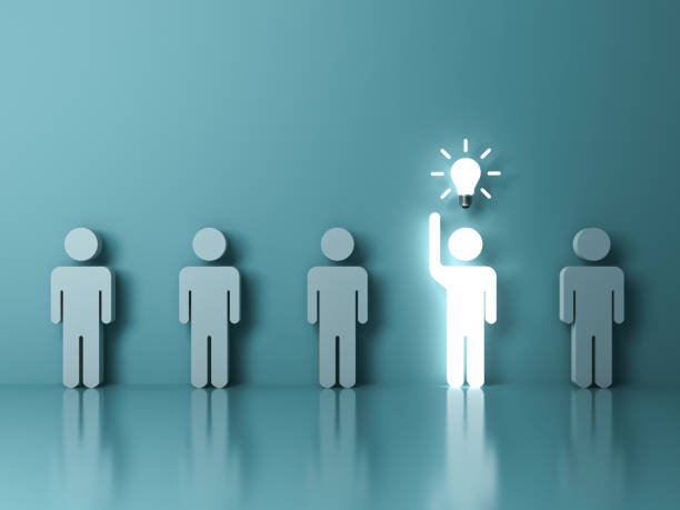 istock Stand out from the crowd and different concept , One glowing light man raising his hand got an idea bulb among other people on light green pastel color background with reflections . 3D rendering 860048770