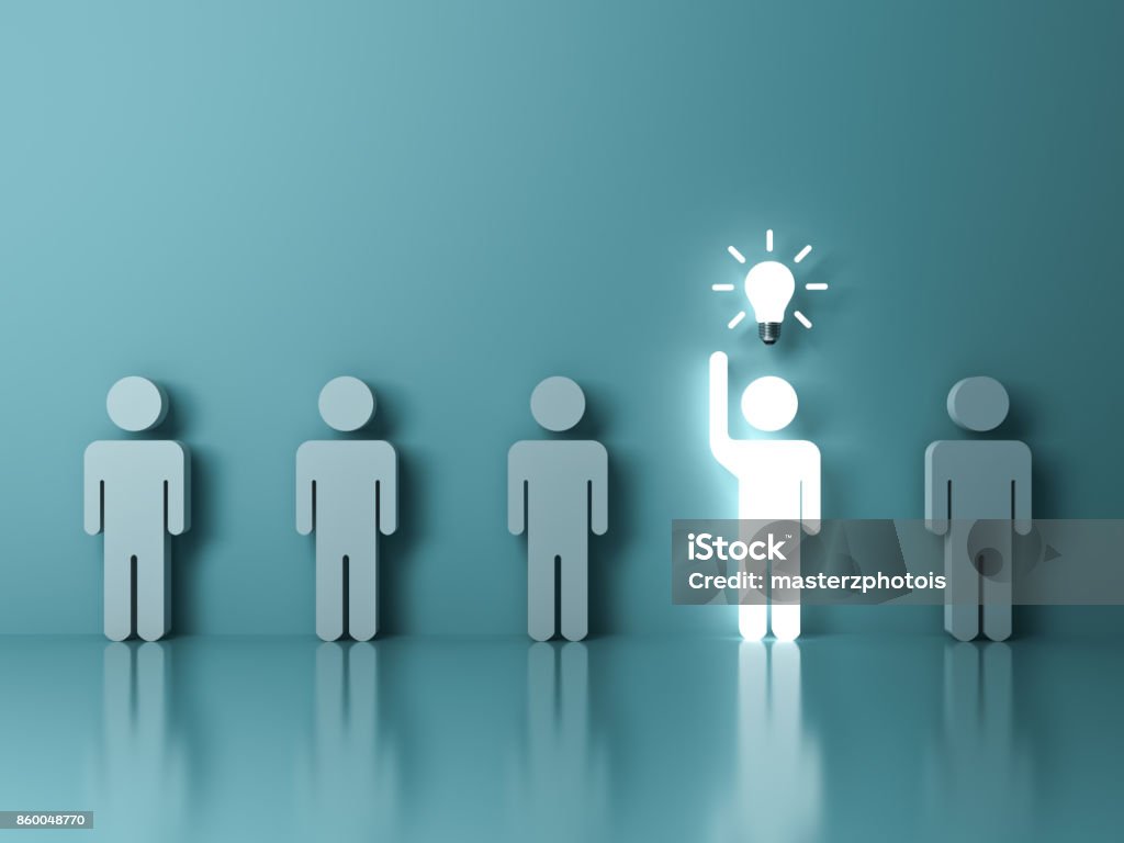 Stand out from the crowd and different concept , One glowing light man raising his hand got an idea bulb among other people on light green pastel color background with reflections . 3D rendering Stand out from the crowd and different concept , One glowing light man raising his hand got an idea bulb among other people on light green pastel color background with reflections . 3D rendering. Leadership Stock Photo