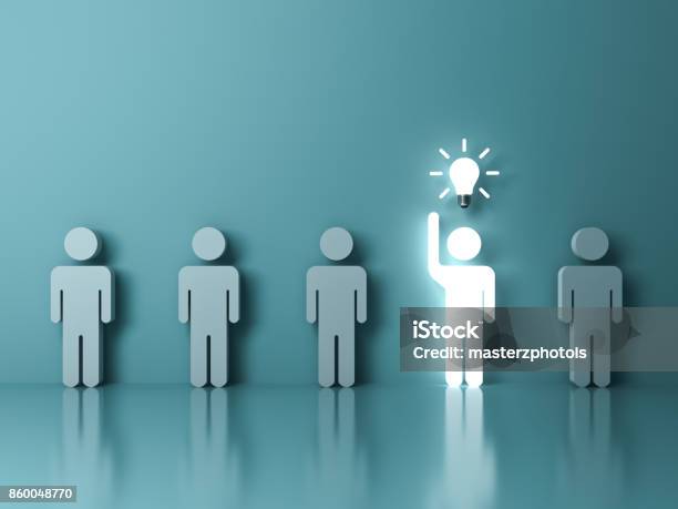 Stand Out From The Crowd And Different Concept One Glowing Light Man Raising His Hand Got An Idea Bulb Among Other People On Light Green Pastel Color Background With Reflections 3d Rendering Stock Photo - Download Image Now