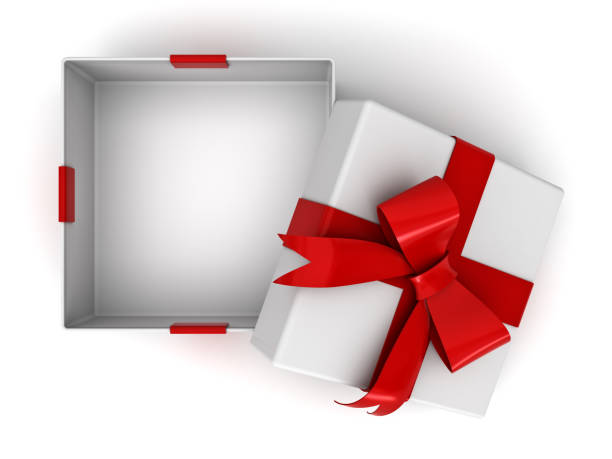istock Open gift box or present box with red ribbon bow and blank space in the box isolated on white background with shadow . 3D rendering 860049044