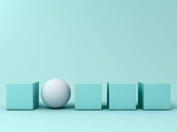 istock Stand out from the crowd and different creative idea concepts , One white sphere standing among green square boxes on light green pastel color background in the row with shadows . 3D rendering 860049046