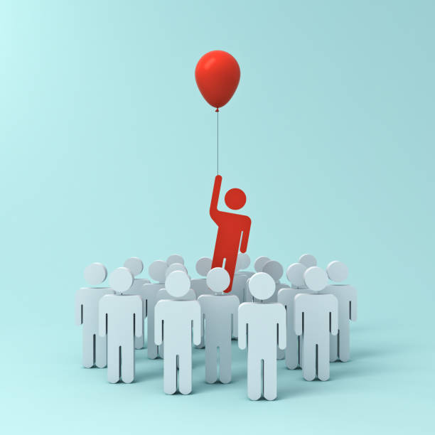 istock Stand out from the crowd and different creative idea concept , One man flying away from other people with red balloon on light green pastel color background with shadows . 3D rendering 860049088