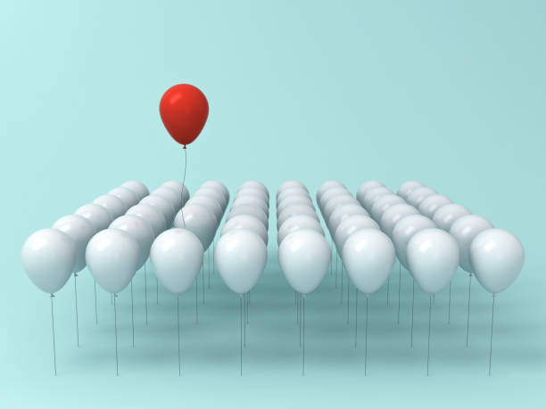 istock Stand out from the crowd and different idea concept , One red balloon flying away from other white balloons on light green pastel color background with reflections and shadows . 3D rendering 860049130