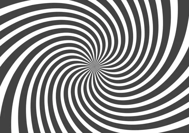 Vector illustration of Psychedelic spiral with radial gray rays. Swirl twisted retro background. Comic effect vector illustration