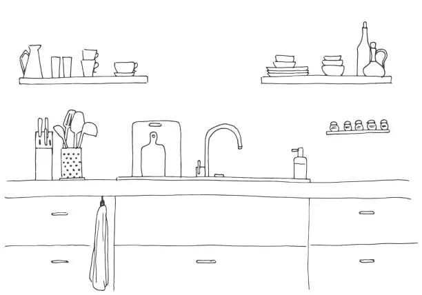 Vector illustration of Kitchen sink. Kitchen worktop with sink. The sketch of the kitchen