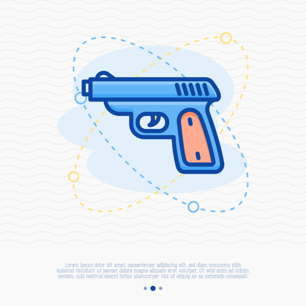 illustrations, cliparts, dessins animés et icônes de icône de tireur de jeu ligne mince. illustration vectorielle moderne de pistolet. - computer shooting handgun gun