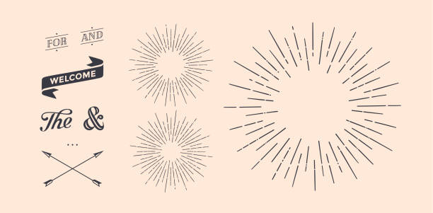 Set of sunburst, vintage graphic elements Set of light rays, sunburst and rays of sun. Design elements, linear drawing, vintage hipster style. Light rays sunburst, arrow, ribbon, and, for, the and ampersand. Vector Illustration hipster stock illustrations