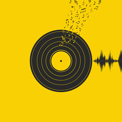 Vinyl Record with notes and music symbols on yellow background