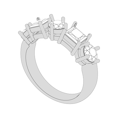 3D illustration isolated sketch three stone ring with diamond on a white background