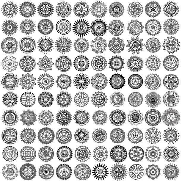 벡터 흑백 아이콘 세트 - mandala stock illustrations