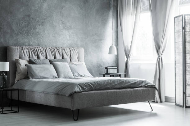 istock Sophisticated dark bedroom with screen 860069240