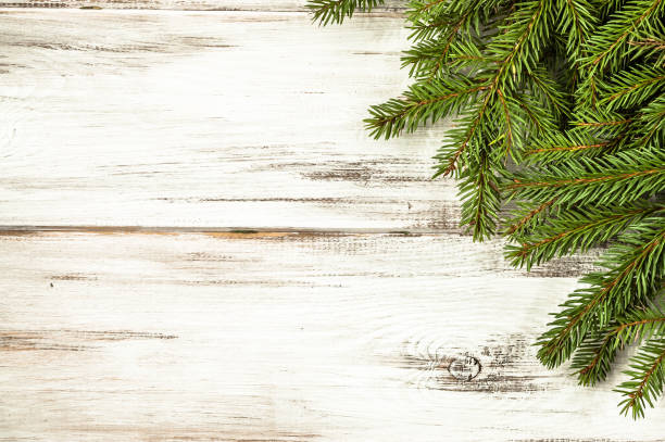 istock Christmas frame with fir branches on wooden rustic background, copy space 860071960