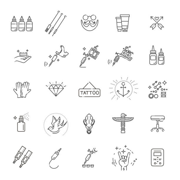 bildbanksillustrationer, clip art samt tecknat material och ikoner med tatuering salongen master ikonuppsättning. - tatueringsmässa