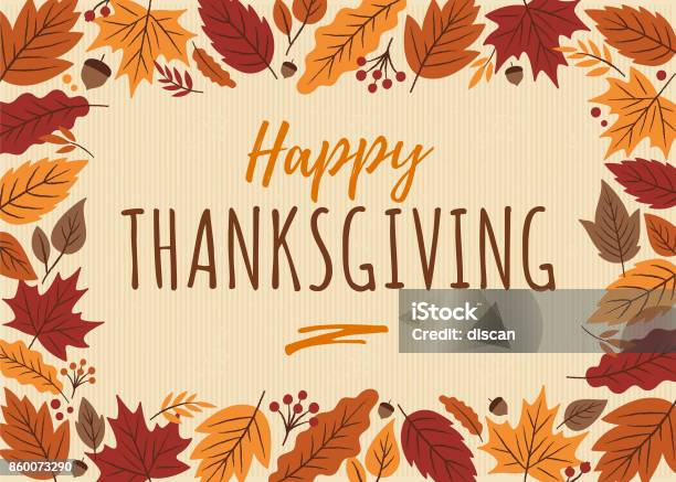 Happy Thanksgiving Card With Leaves Frame Stock Illustration - Download Image Now - Thanksgiving - Holiday, Border - Frame, Autumn