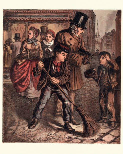 Vintage engraving of Victorian London boys begging and sweeping street. Mother's Last Words, Mrs Sewell, c.1870